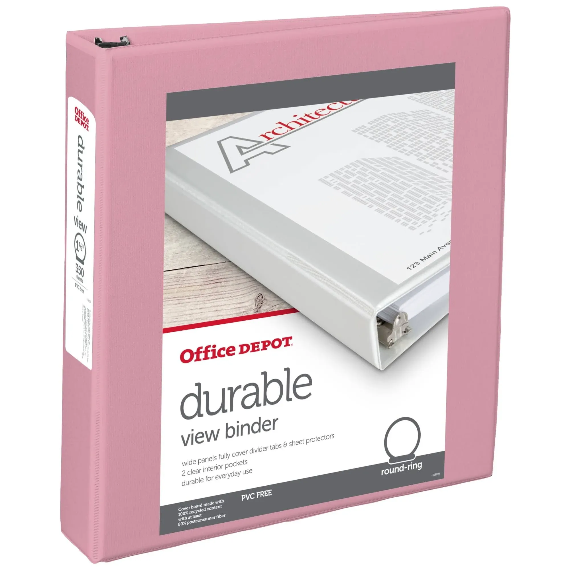 Office Depot Brand Durable View Round-ring Binders, 1-1/2" Round Rings, 49% Recycled, Pink