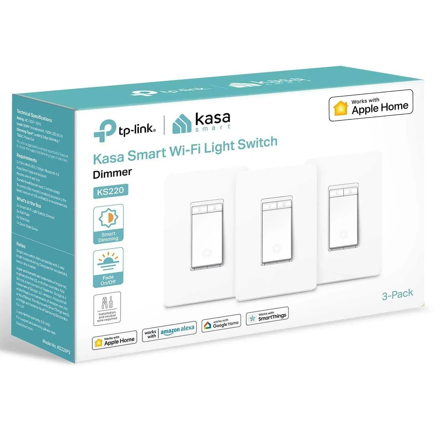 Kasa Apple HomeKit Smart Dimmer Switch KS220, Single Pole, Neutral Wire Required, 2.4GHz Wi-Fi Light Switch Works with Siri, Alexa and Google Home, UL Certified, No Hub Required, White