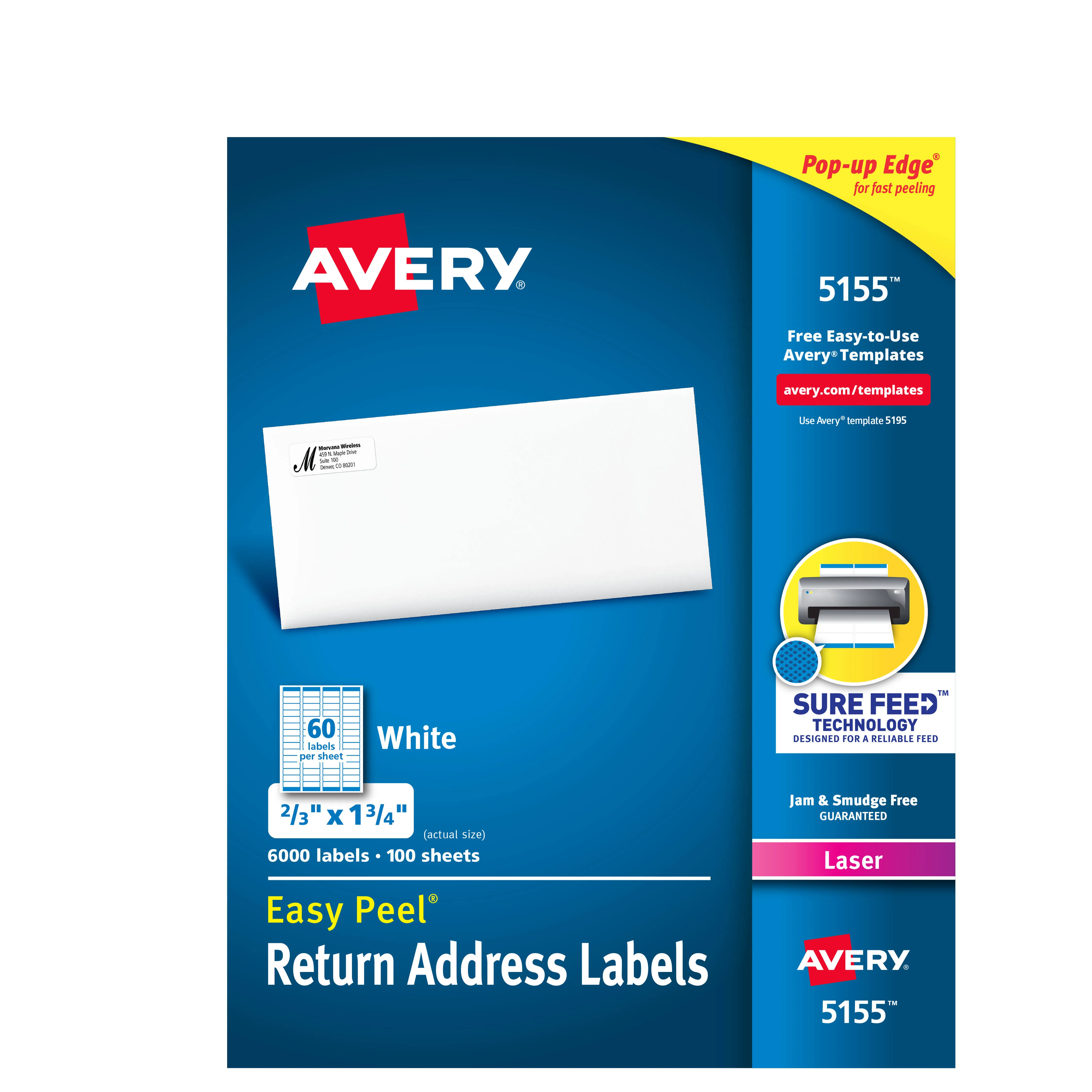 Avery Printable Return Address Labels with Sure Feed, 0.5" x 1.75", White, 6,000 Blank Mailing Labels (05155)