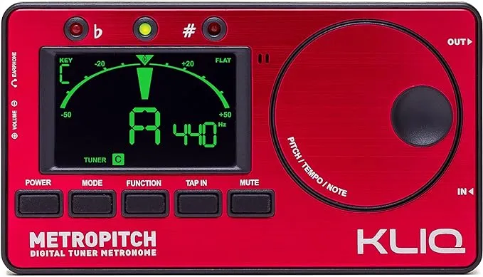 KLIQ MetroPitch - Metronome Tuner for All Instruments - with Guitar, Bass, Violin, Ukulele, and Chromatic Tuning Modes - Tone Generator - Carrying Pouch Included, Red