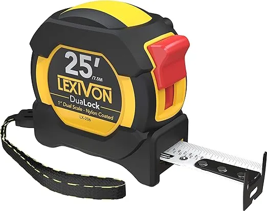 LEXIVON [2-Pack] 25Ft/7.5m AutoLock Tape Measure | 1-Inch Wide Blade with Nylon Coating, Matte Finish White & Yellow Dual Sided Rule Print | Ft/Inch/Fractions/Metric (LX-205X2)