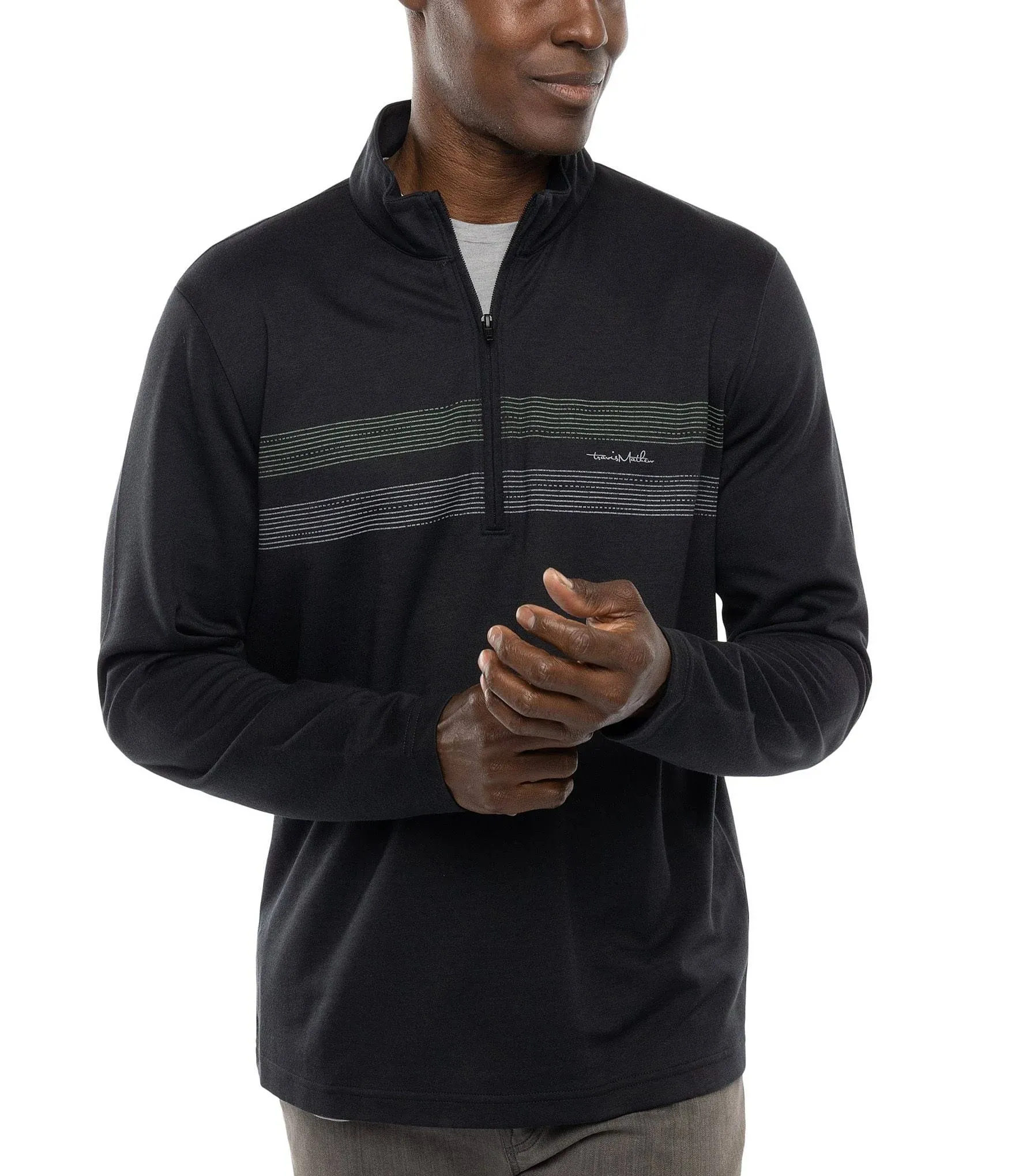 TravisMathew Upgraded Striped Quarter Zip Pullover - Men's Black Chest Stripe XXL