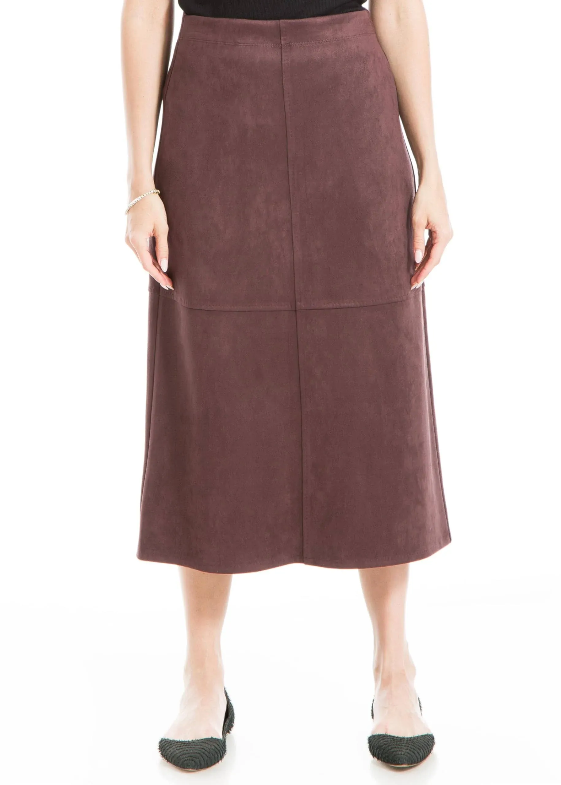 Max Studio Women's Faux Suede Elastic High Waisted Casual A-Line Midi Skirt