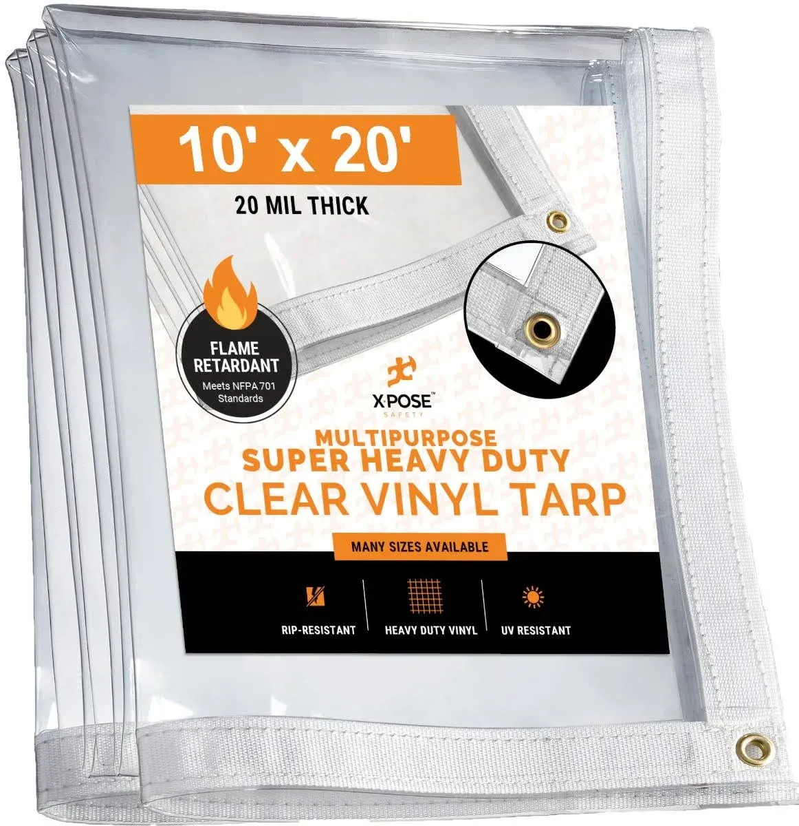 10' x 20' Clear Vinyl Tarp - Fire Retardant 20 Mil Super Heavy Duty Transparent Waterproof PVC Tarpaulin with Brass Grommets - for Patio Enclosure, Temporary Wall, Multipurpose - by Xpose Safety