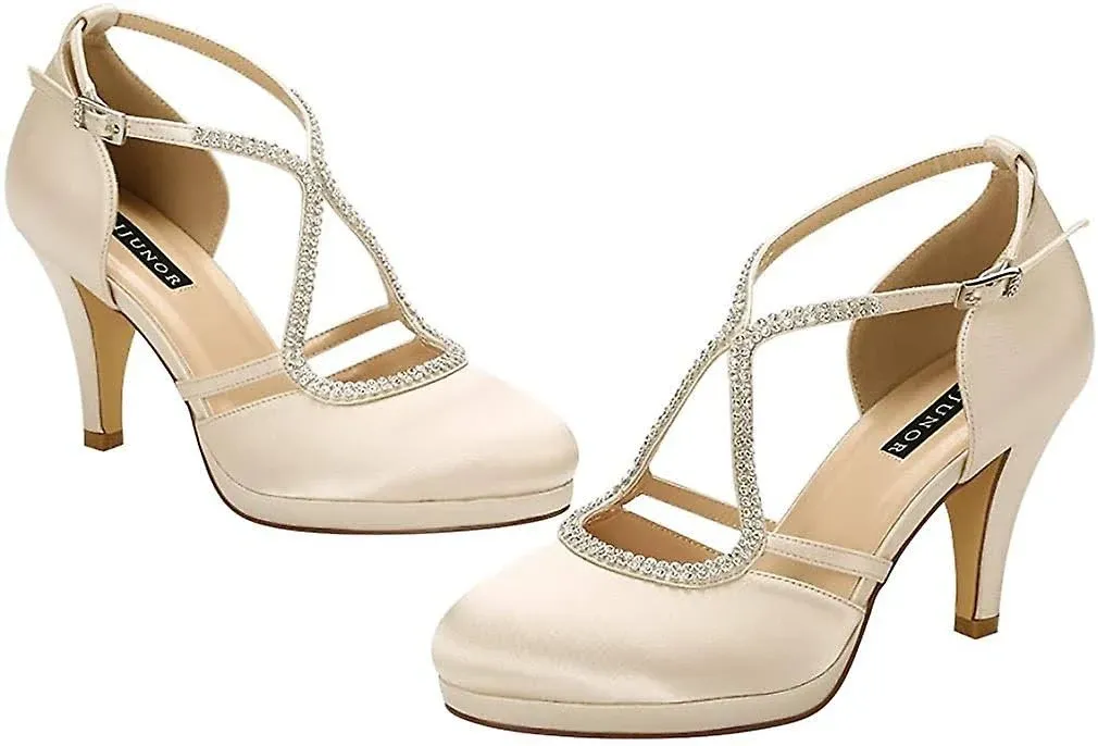 ERIJUNOR Women Comfort Low Heel Closed-Toe Ankle Strap Platform Satin Bridal Wed