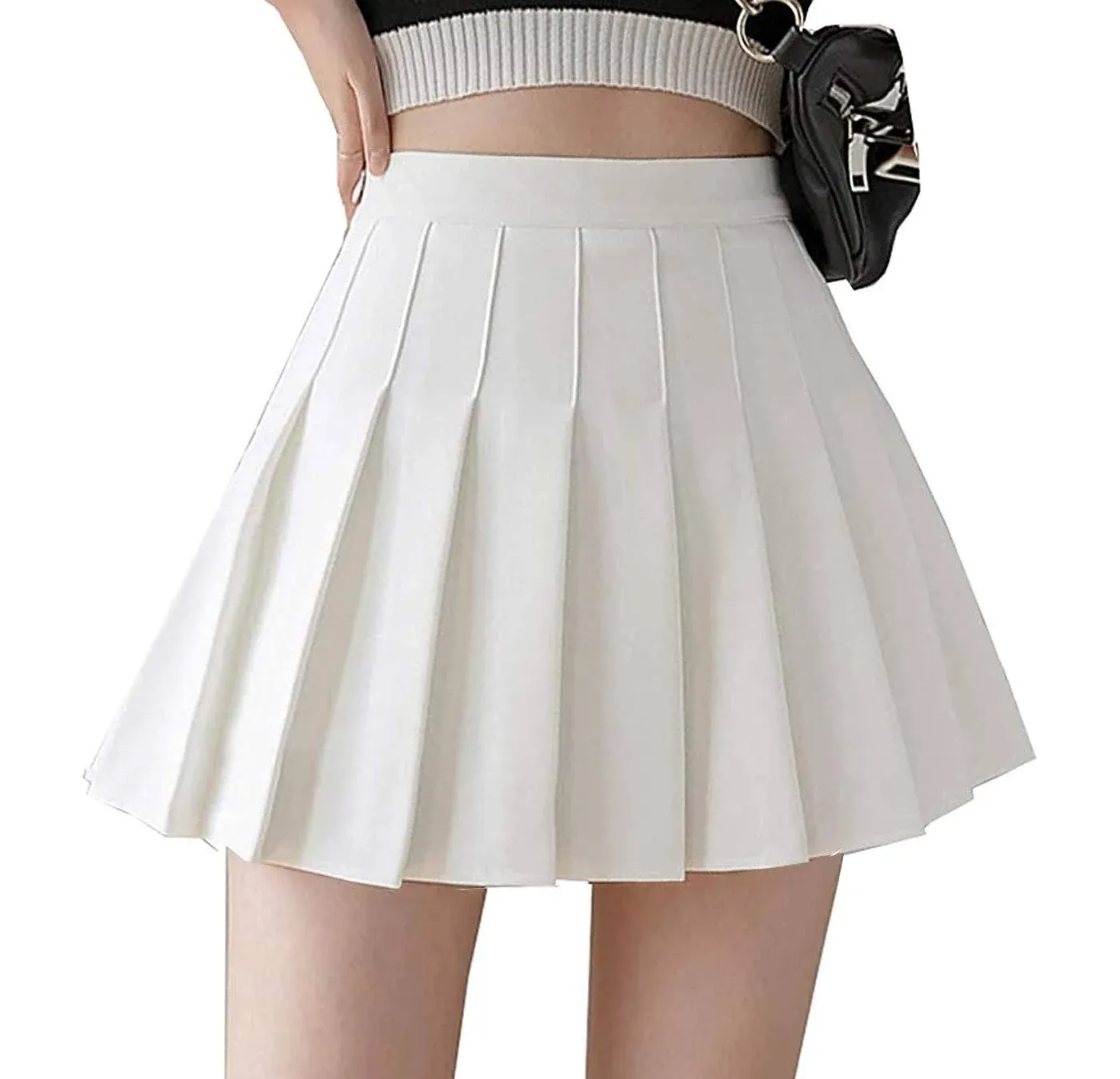 Apriddeo Girls Women High Waisted Pleated Skirt Plain Plaid A-Line Mini Skirt ...