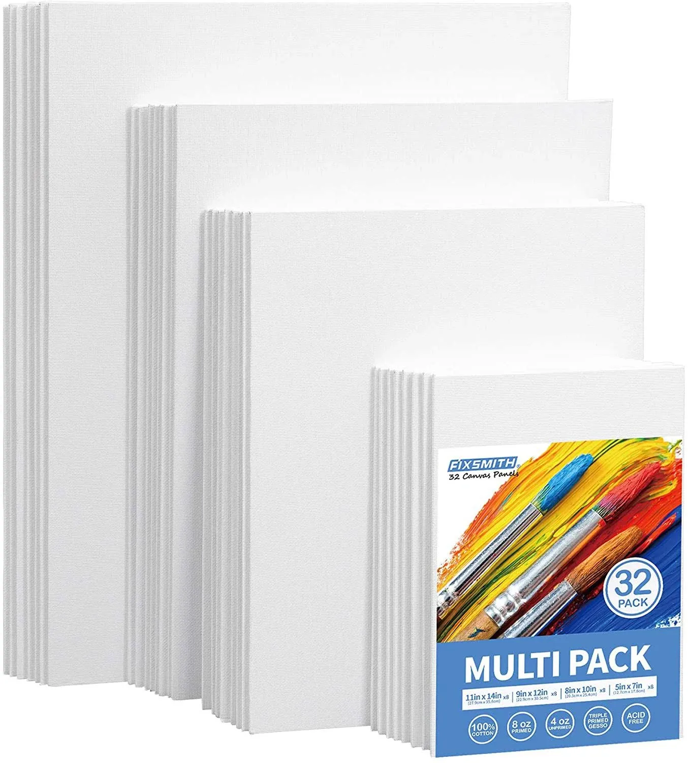 FIXSMITH Painting Canvas Panels Multi Pack- 5x7,8x10,9x12,11x14 (8 of Each),Set of 32,100% Cotton,Primed White Canvases,for Acrylic,Oil,Other Wet or