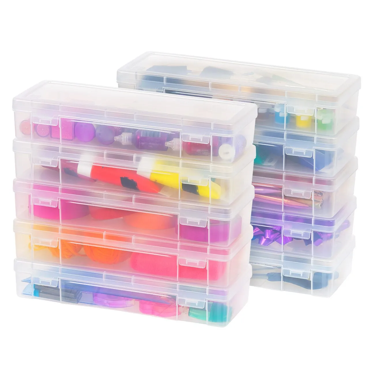 IRIS USA 10 Pack Small/Medium/Large Plastic Hobby Art Craft Supply Organizer Storage Containers with Latching Lid, for Pencil Case, Lego, Crayon, Ribbons, Tape, Beads, Sticker, Yarn, Stackable, Clear