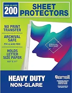 Samsill Heavy Duty Sheet Protectors 8.5 x 11 Inch, Page Protectors for 3 Ring Binder, Non-Glare Sheet Protector, Letter Size, Top Loading, Acid Free, 200 Pack