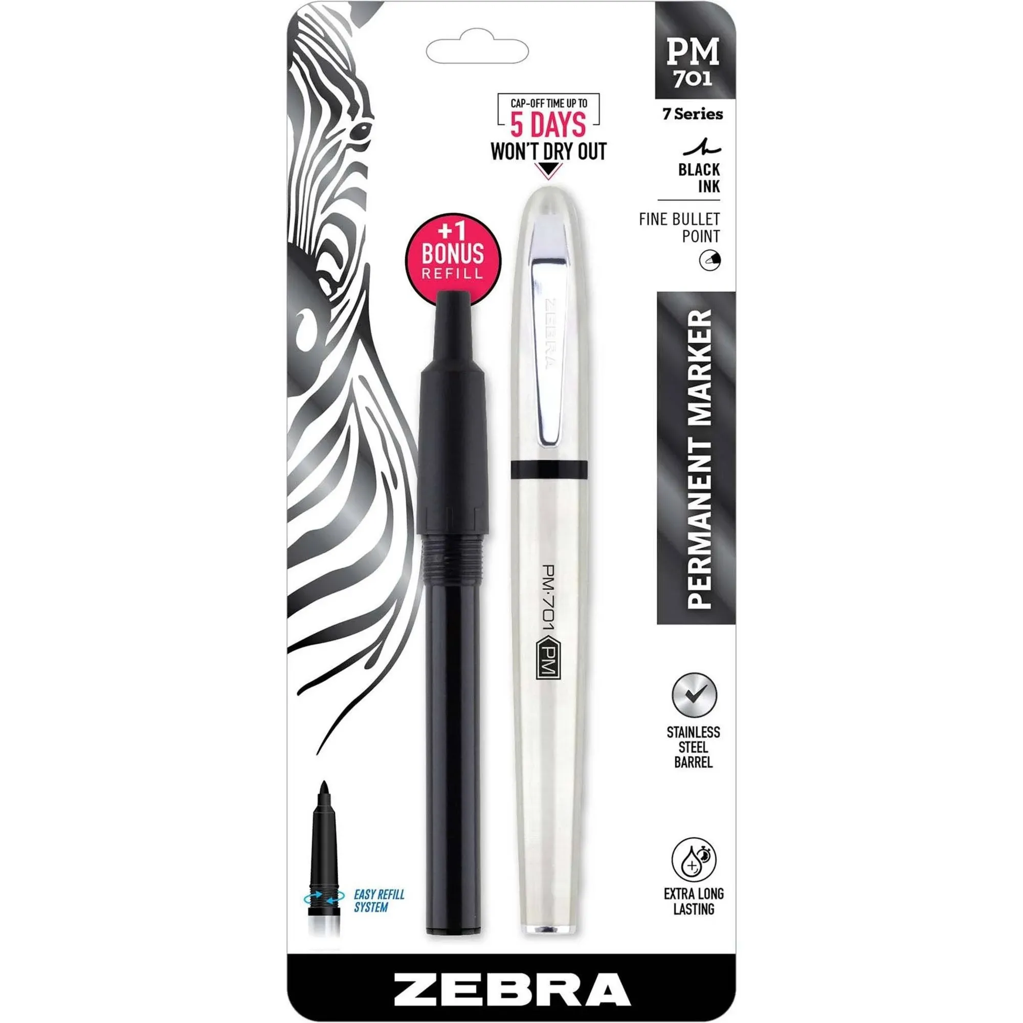 Zebra Pen PM-701 Permanent Marker, Stainless Steel Barrel, Fine Bullet Tip, Black Ink, Refillable, 1-Pack, 7.5" x 2.3" x 0.6"