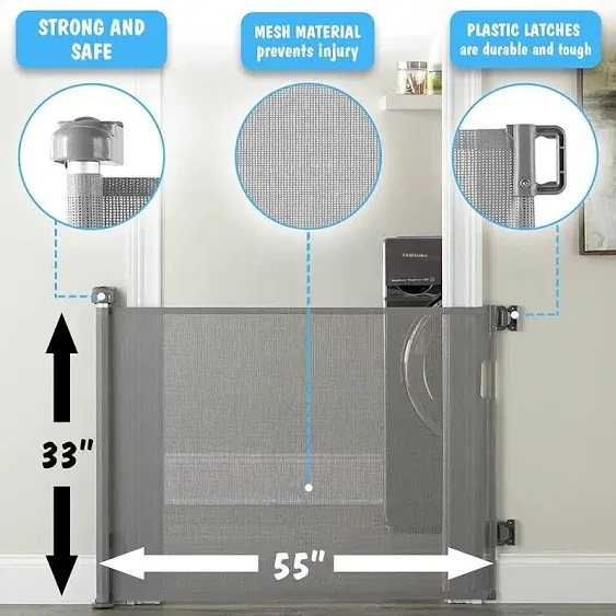 Retractable Baby Gate 33&#034; tall, Extends to 55” Wide, Mesh Safety Dog Gate, GRAY