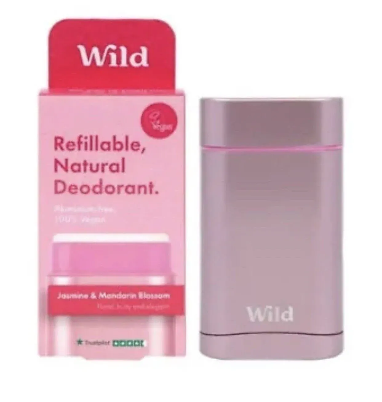 Wild - Natural Refillable Deodorant - Vegan & Eco-Friendly - Aluminum Free - Long Lasting Protection - 100% Natural Ingredients - Starter Kit - Pink Case, Jasmine & Mandarin Blossom Refill - 1.4oz