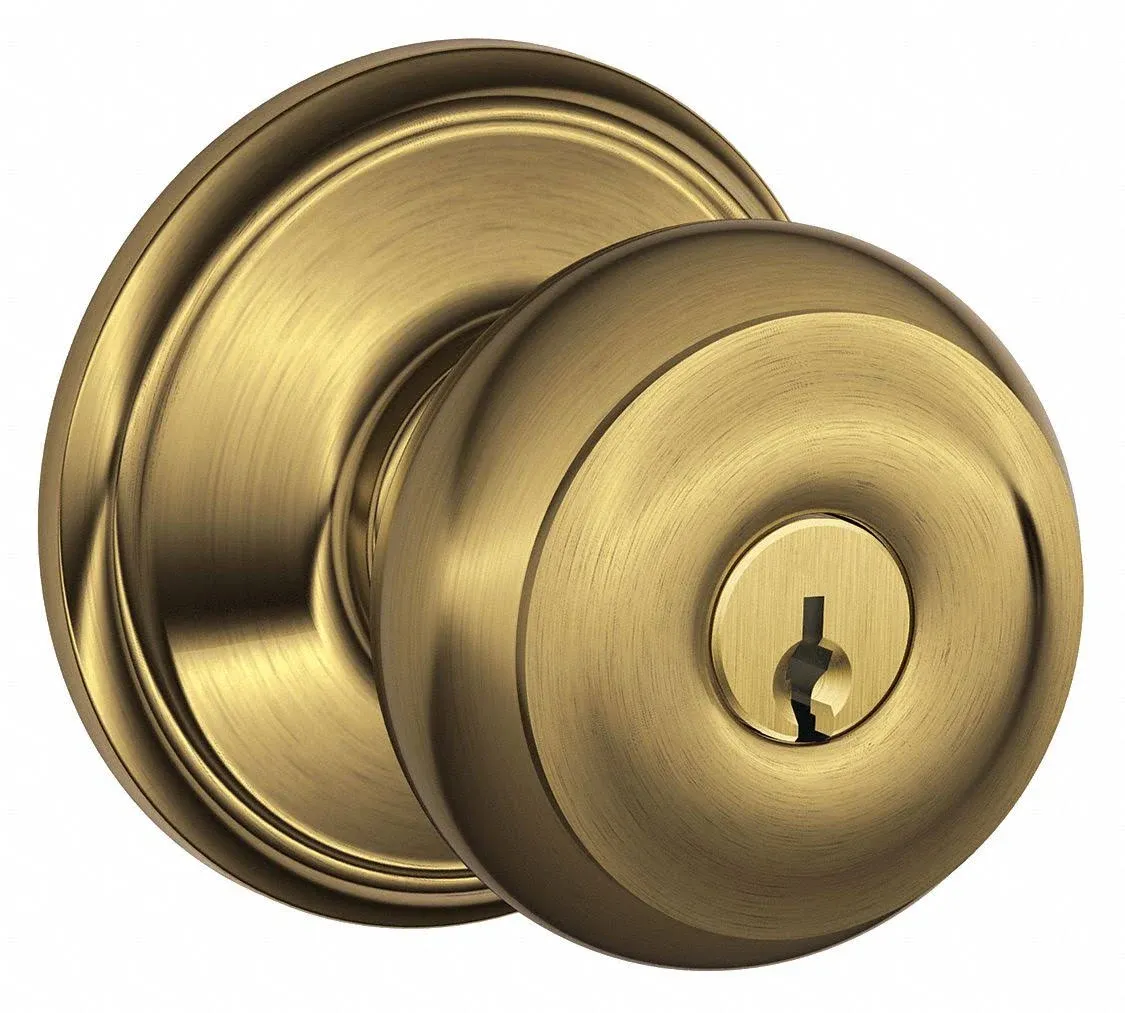 SCHLAGE F51A GEO 609 Georgian Knob Keyed Entry Lock, Antique Brass