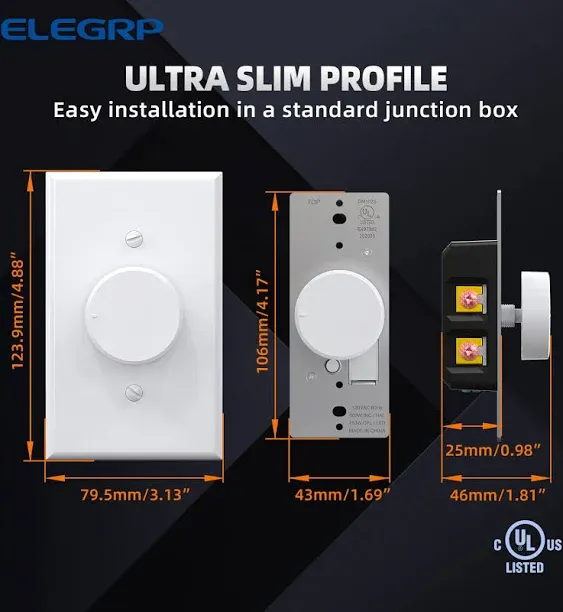 ELEGRP Digital Rotating Dimmer Switch for Dimmable LED, CFL and Incandescent Light Lamp Bulbs, Single Pole / 3-Way Rotary Dimmer Switch, Wall Plate Included, UL Listed (6 Pack, Matte White)