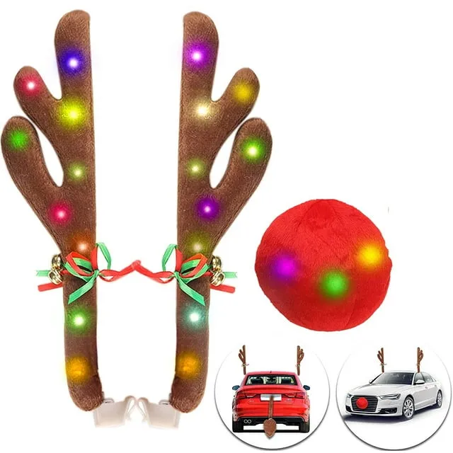 Antlers And Red Nose Reindeer Decoration for Car Christmas Auto Holiday Rudolph