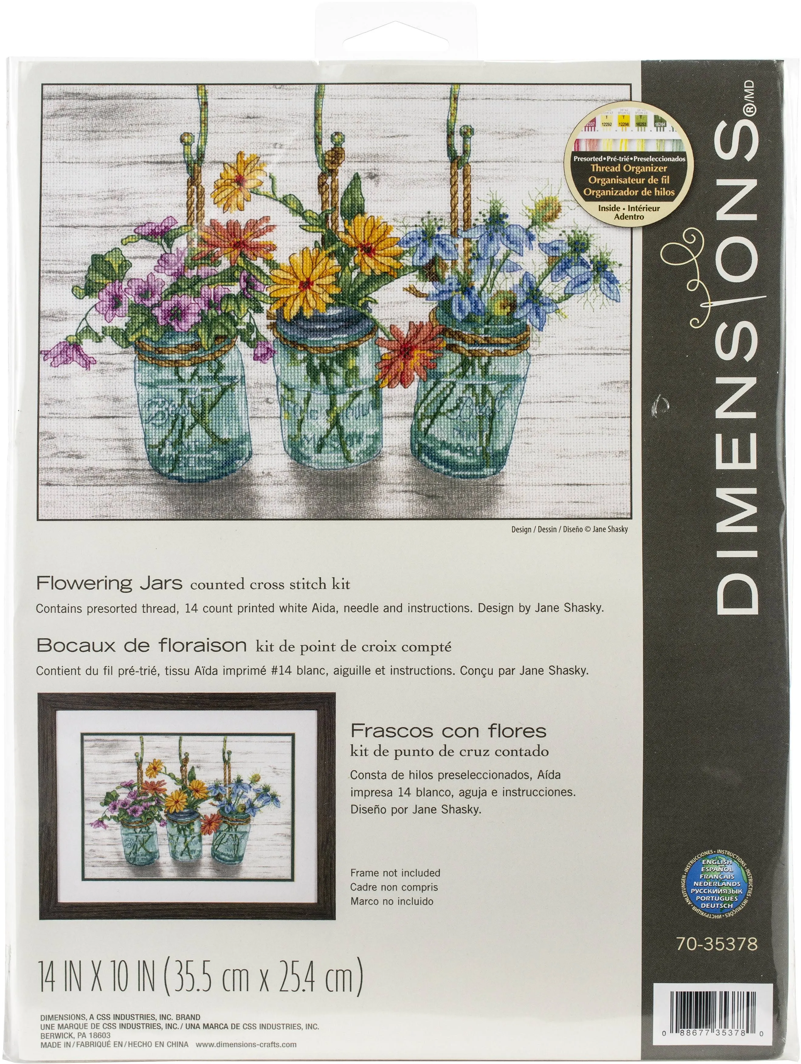 Dimensions 70-35378 Mason Jar Flowers Counted Cross Stitch Kit, 14 Cnt. White Aida Cloth, 14 x 10