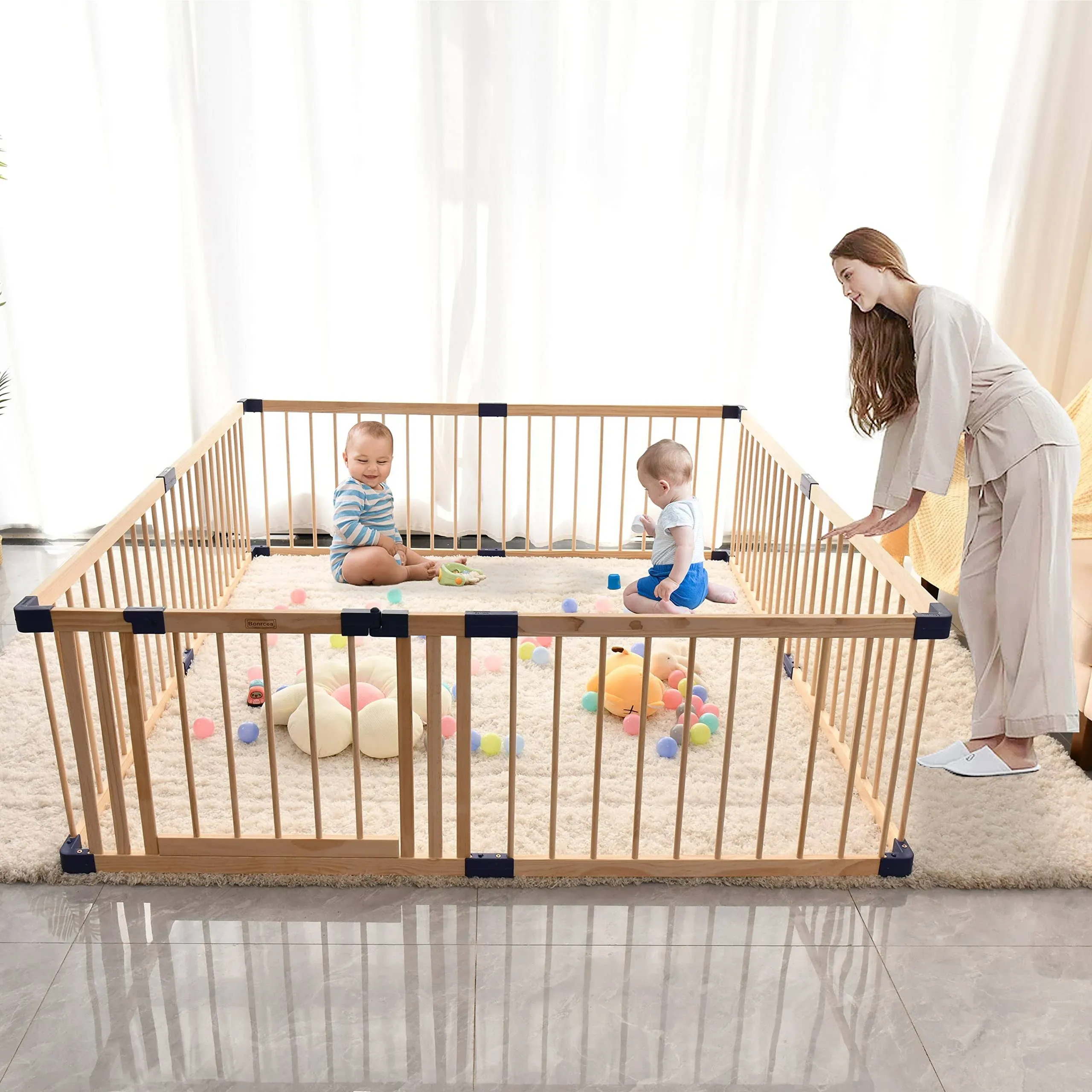 Baby Playpen Wooden Kids Play Fence with Door Baby Safety Play Center Yard Safe ...