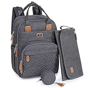 Dikaslon Diaper Bag Backpack with Portable Changing Pad, Pacifier Case and Stroller Straps, Large Unisex Baby Bags for Boys Girls, Multipurpose Travel Back Pack for Moms Dads, Dark Gray