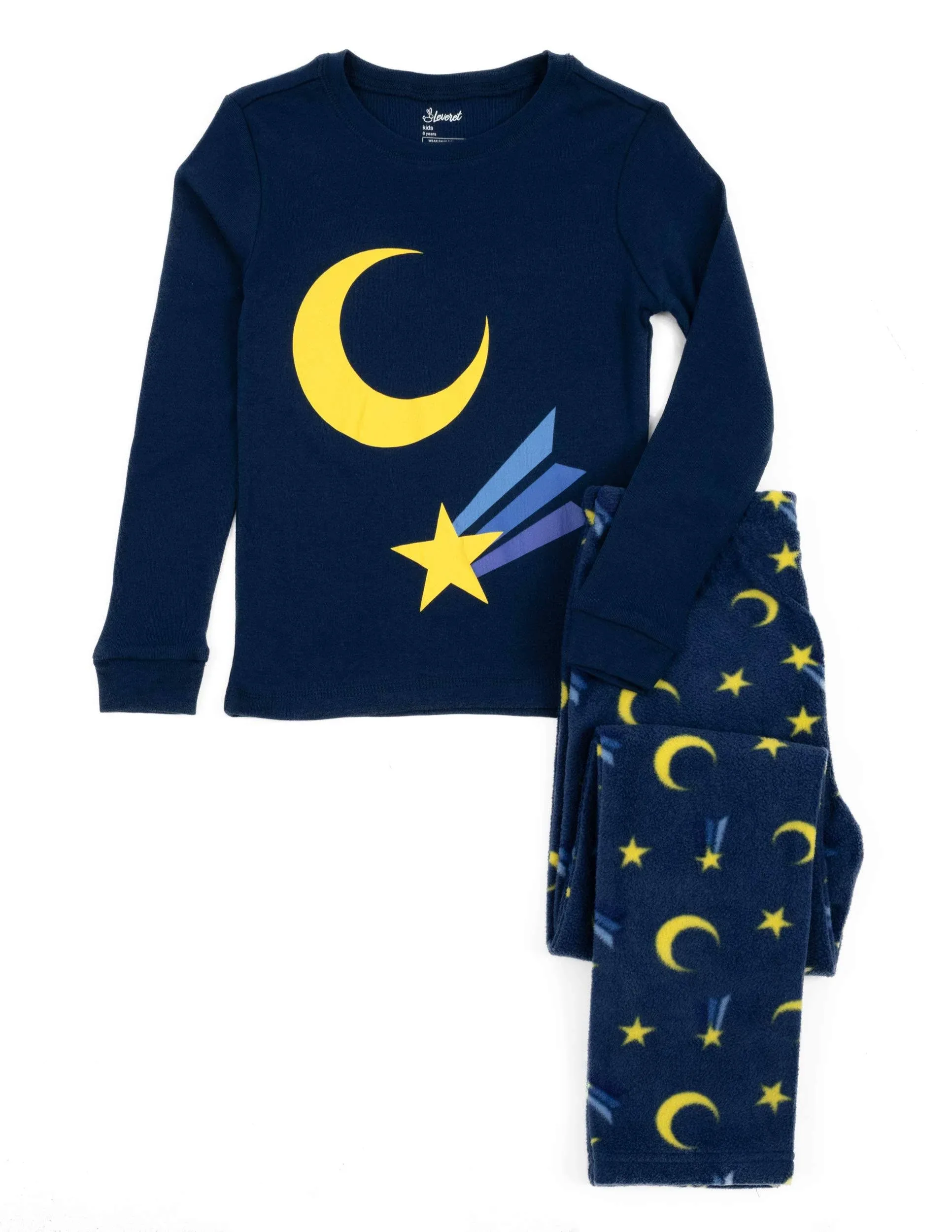 Leveret Kids Cotton Top and Fleece Pants Pajamas Moon 8 Year