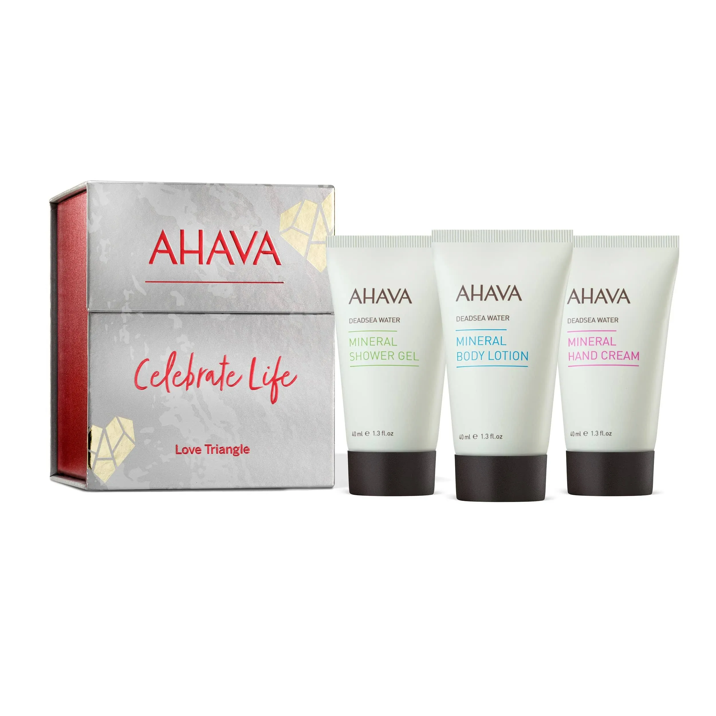 AHAVA Love Triangle Body Trio - Includes Mineral Hand Cream, Mineral Body Lotion & Mineral Shower Gel, Enriched with Exclusive Dead Sea Mineral Blend Osmoter, 3 x 1.3 Fl.Oz