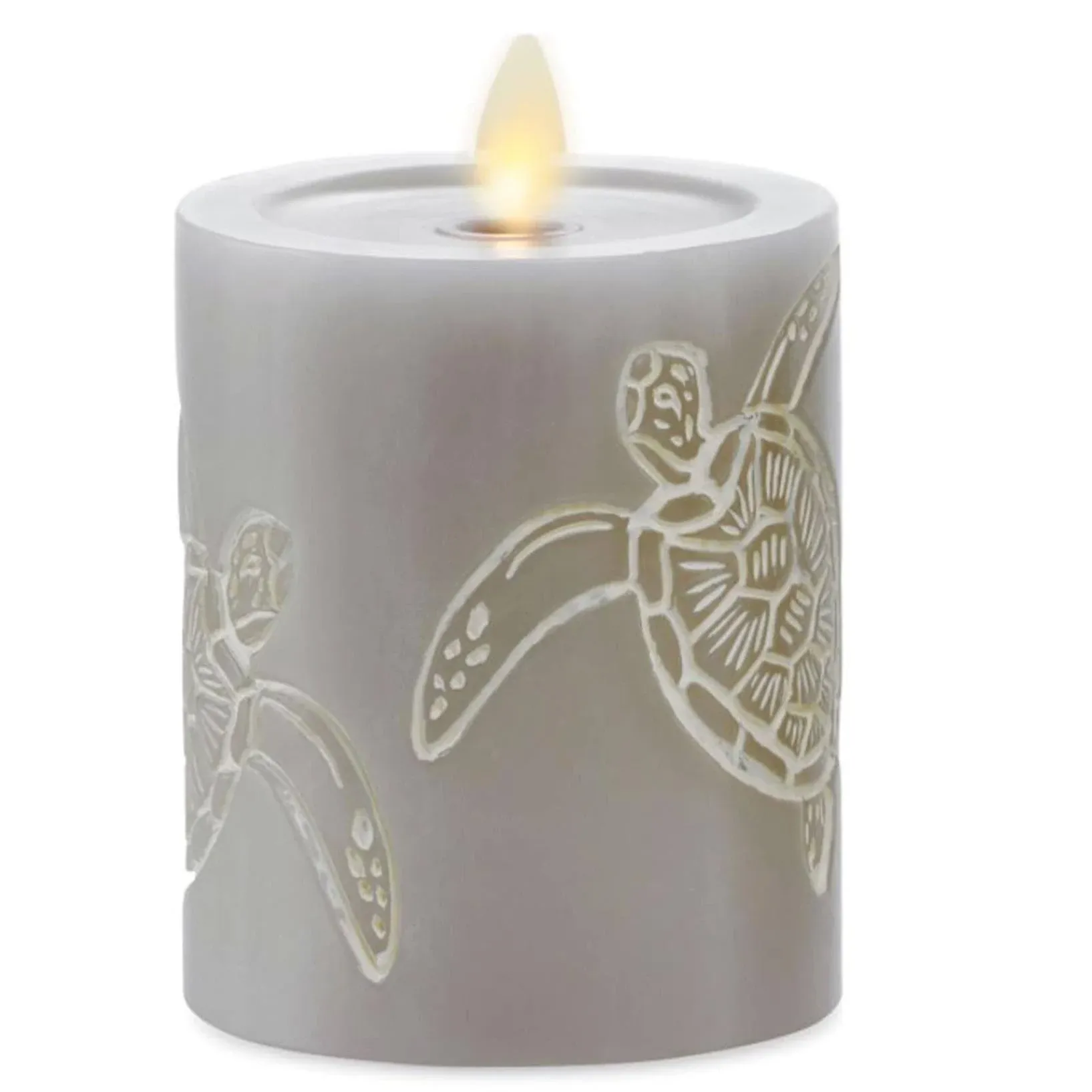 Luminara Grey Flameless LED Candle with Debossed Sea Turtle Moving Flame Pillar (3" x 4.5"), Unscented Real Wax with Recessed Edge, Battery Operated Candle Lights