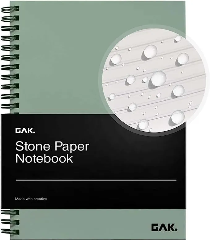 GAK. Stone Paper Waterproof Spiral Notebook, 7.20”x10.11”, 50 sheets, Durable Notebook, Eco-Friendly Mineral Stone Paper Notebook, Waterproof Notepad, Ruled, Green