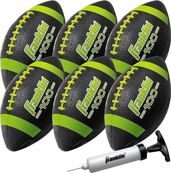 Franklin Sports Junior Size Rubber Football - 6 Pack Deflated with Pump, Black