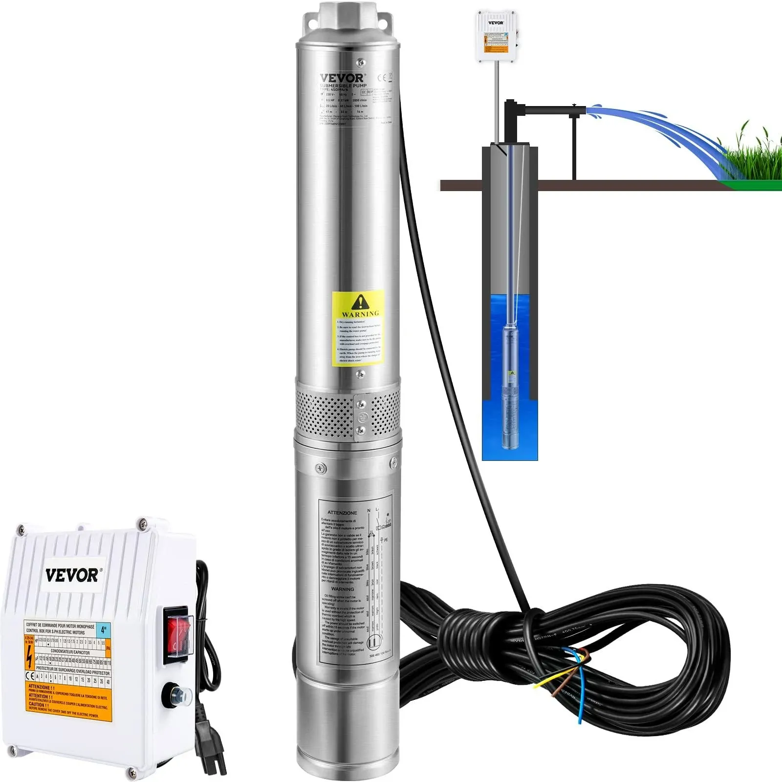 Deep Well Submersible Pump, 3HP 230V/60Hz, 37GPM 640 ft Head VEVOR