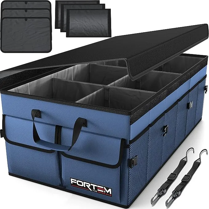 FORTEM Car Trunk Organizer, Collapsible, Multi Compartment, Non Slip Bottom, Adjustable Securing Straps, Foldable Cover