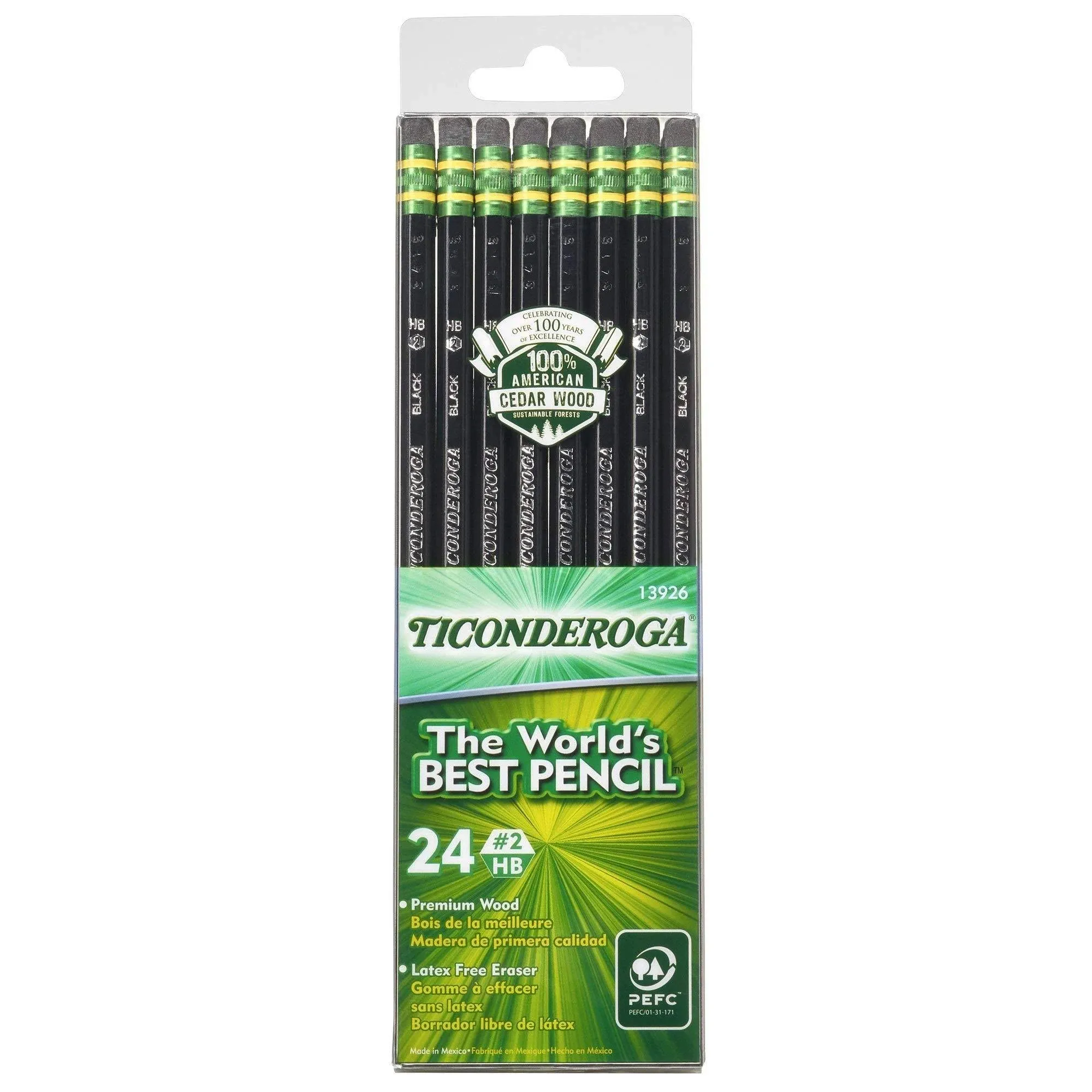 Ticonderoga Pencils, Wood-Cased, Graphite #2 HB Soft, Black, 24-Pack (13926)