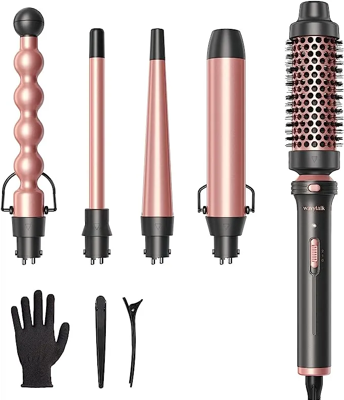 Wavytalk 5 in 1 Curling Iron,Curling Wand Set with Curling Brush and 4 Interchangeable Ceramic Curling Wand(0.5”-1.25”),Instant Heat Up,Include Heat Protective Glove & 2 Clips