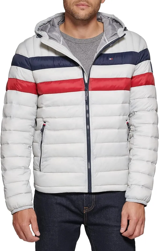 Tommy Hilfiger Men's Quilted Lightweight Colorblock Hooded Puffer Jacket, Medium, Ice Color Block