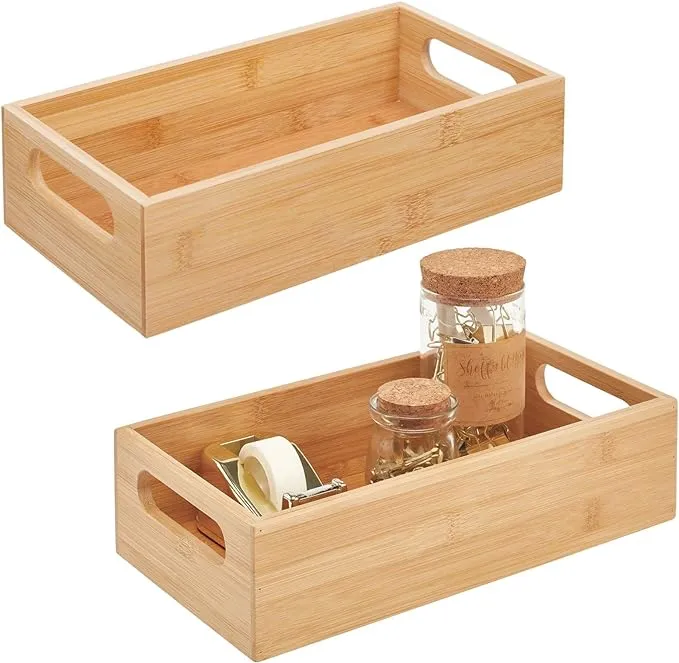 mDesign Bamboo Office Organizer Container Bin with Handles,  2 Pack, Natural/Tan