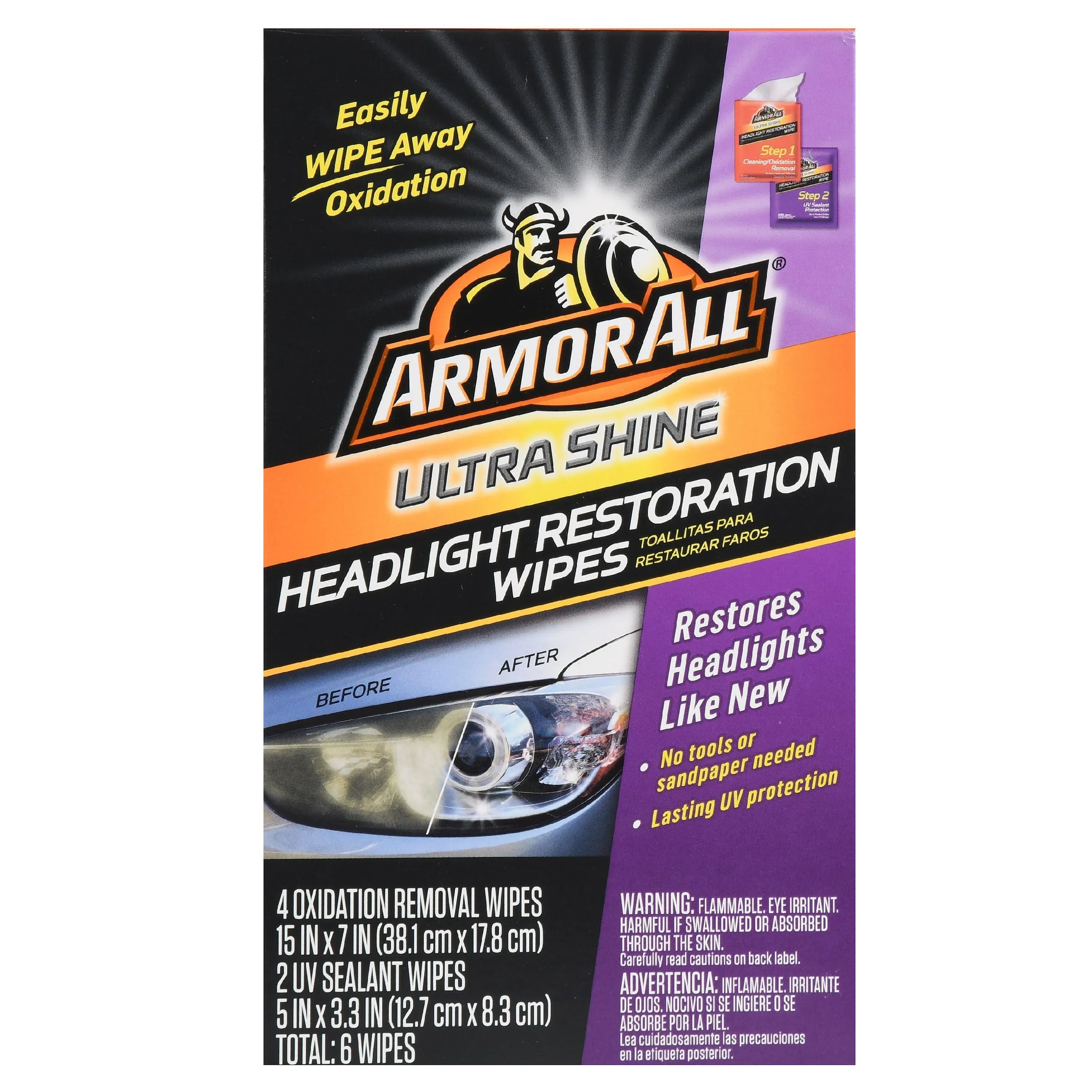 Armor All Car Headlights Cleaner Wipes , Cleaning Wipes for Headlights for Cars, Trucks, Mortocycles, 6 Wipes