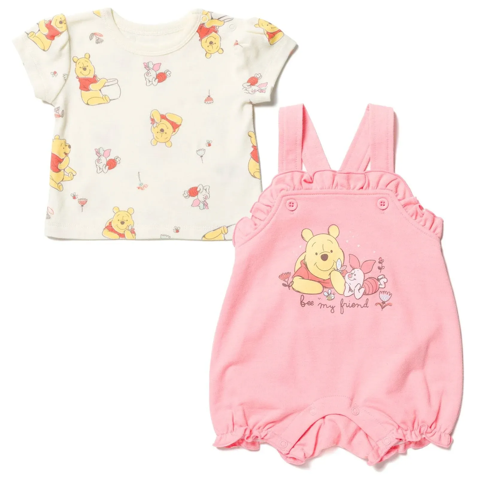 Disney Minnie Mouse Winnie the Pooh Baby Girls French Terry Short Overalls and T-Shirt Newborn to Infant