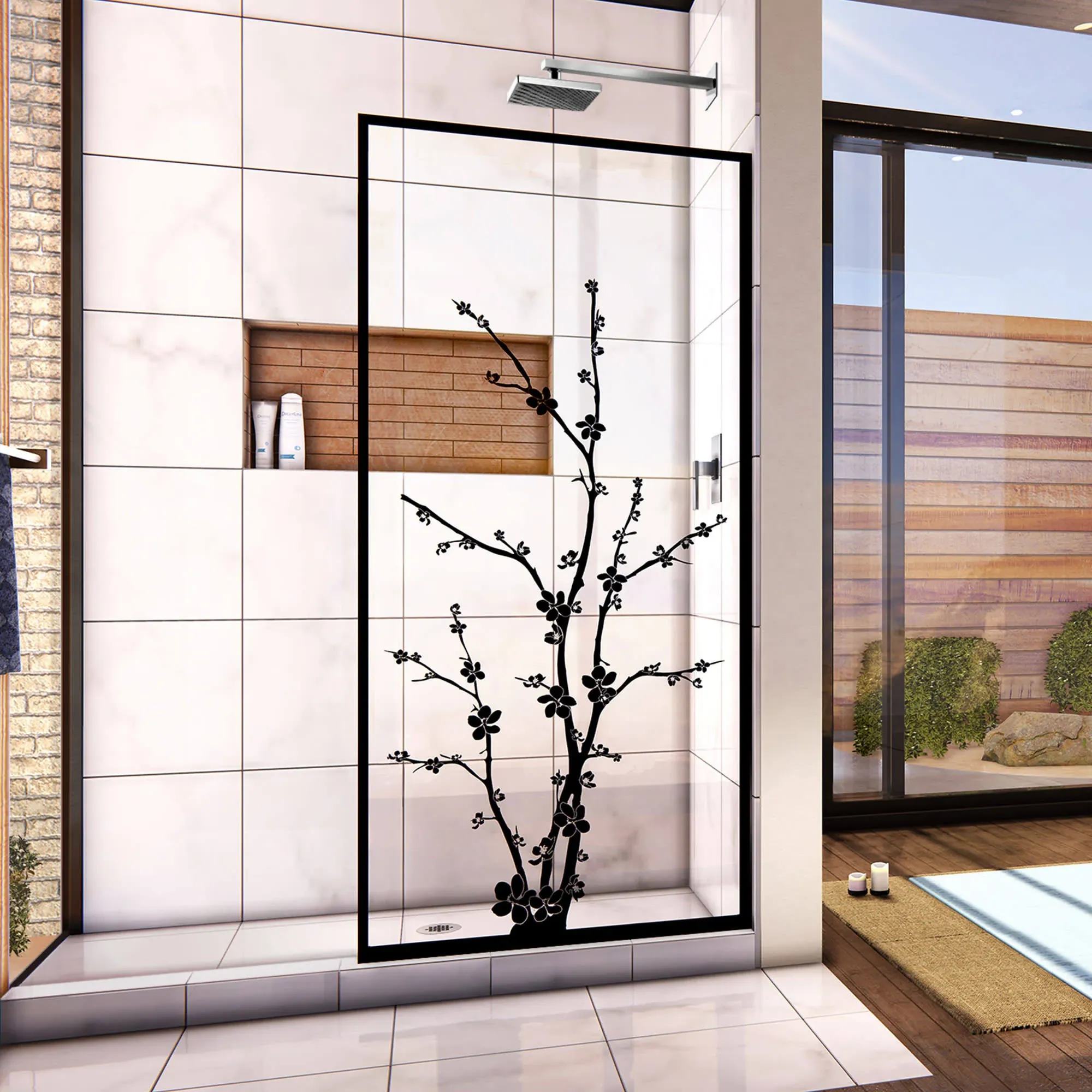 DreamLine Linea Blossom 34" W x 72" H Single Panel Frameless Shower Door, Open Entry Design in Satin Black - Dreamline D3234720ZNB-09