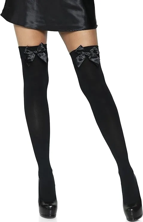 Leg Avenue Full Figure Thigh High Tights with Satin Bow, Black, XL