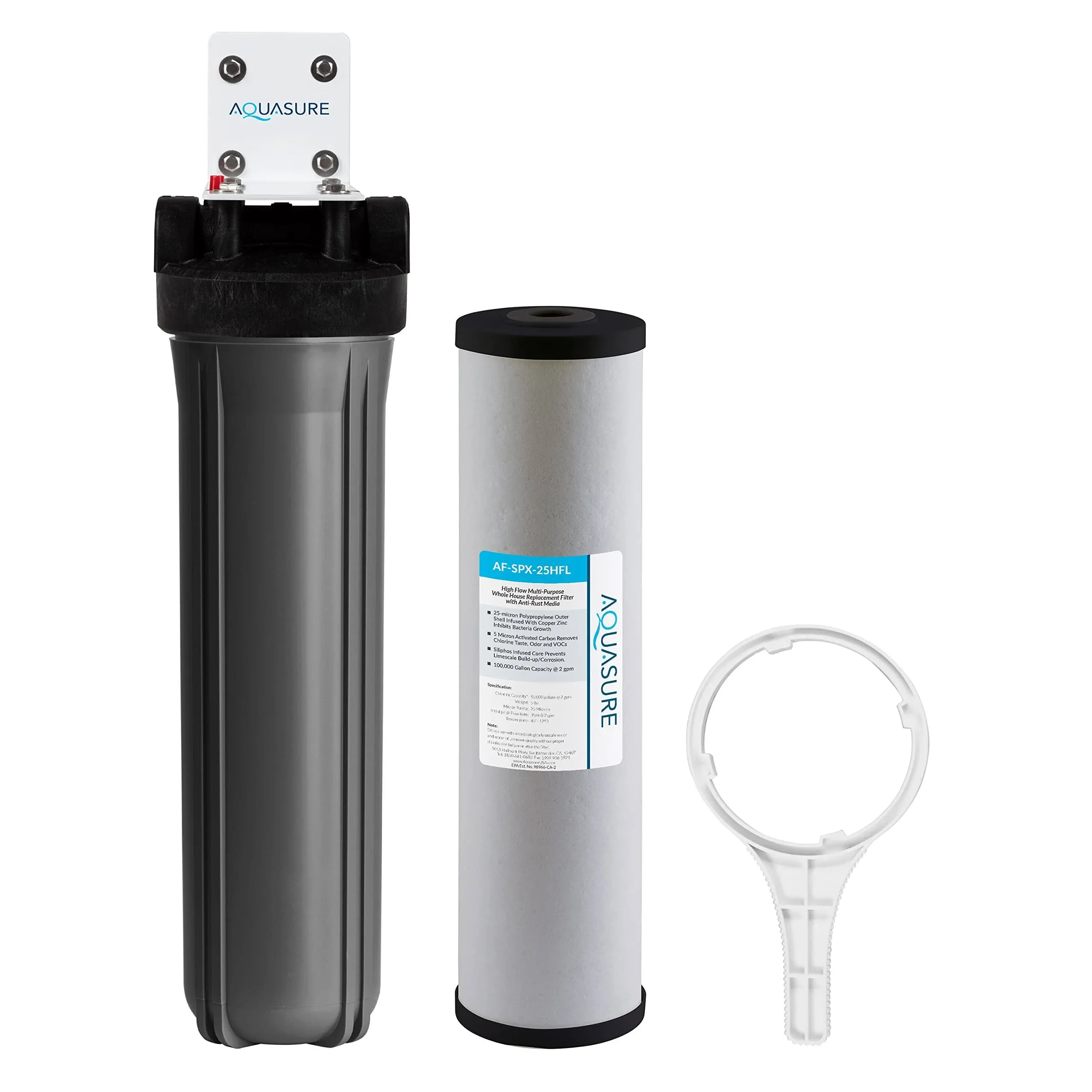 Aquasure Fortitude V2 Series Whole House Multi-Purpose Sediment/Carbon/Siliphos Anti-Rust, Bacteria & Scale Inhibiting Water Filter System, Large Size | Reduces Chlorine, Taste & More (AS-FL-25SPX)