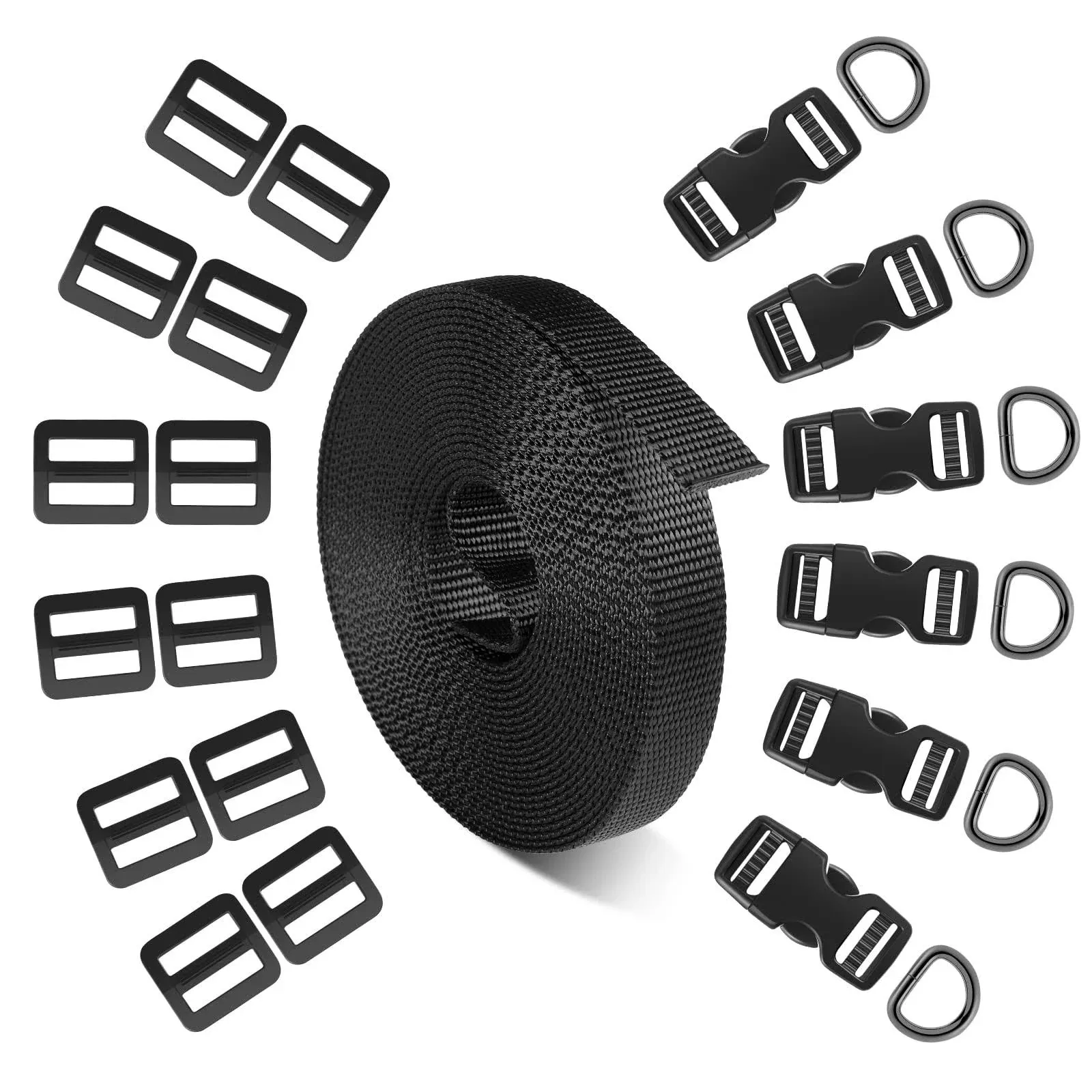 5/8" Buckle and Strap Set: 6 Yards of Thick Nylon Webbing, 6 Pack Quick Side Release Adjustable Plastic Buckles, 12 Tri-Glide Slide Clips, Black (5/8" Combo Set)