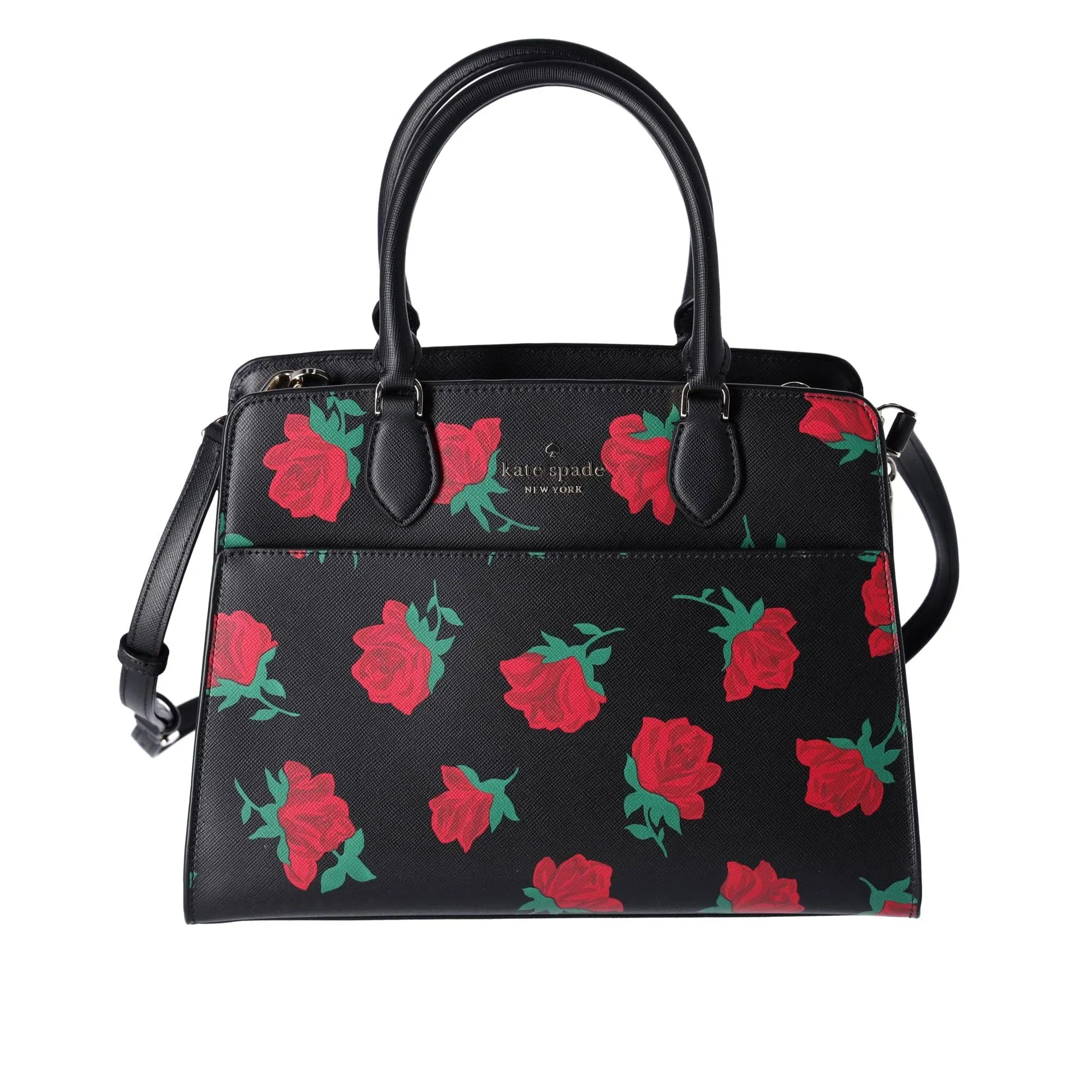 KATE SPADE MADISON MEDIUM SATCHEL SHOULDER BAG TOTE PURSE BLACK RED ROSE TOSS