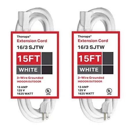 2 Pack White Extension Cord 15 ft, 16/3 SJTW Weatherproof Indoor & Outdoor Extension Cord 3 Prong Grounded Plug, Heavy Duty Power Cable Great for Home, Office, Outdoor Lights, US Veteran Owned