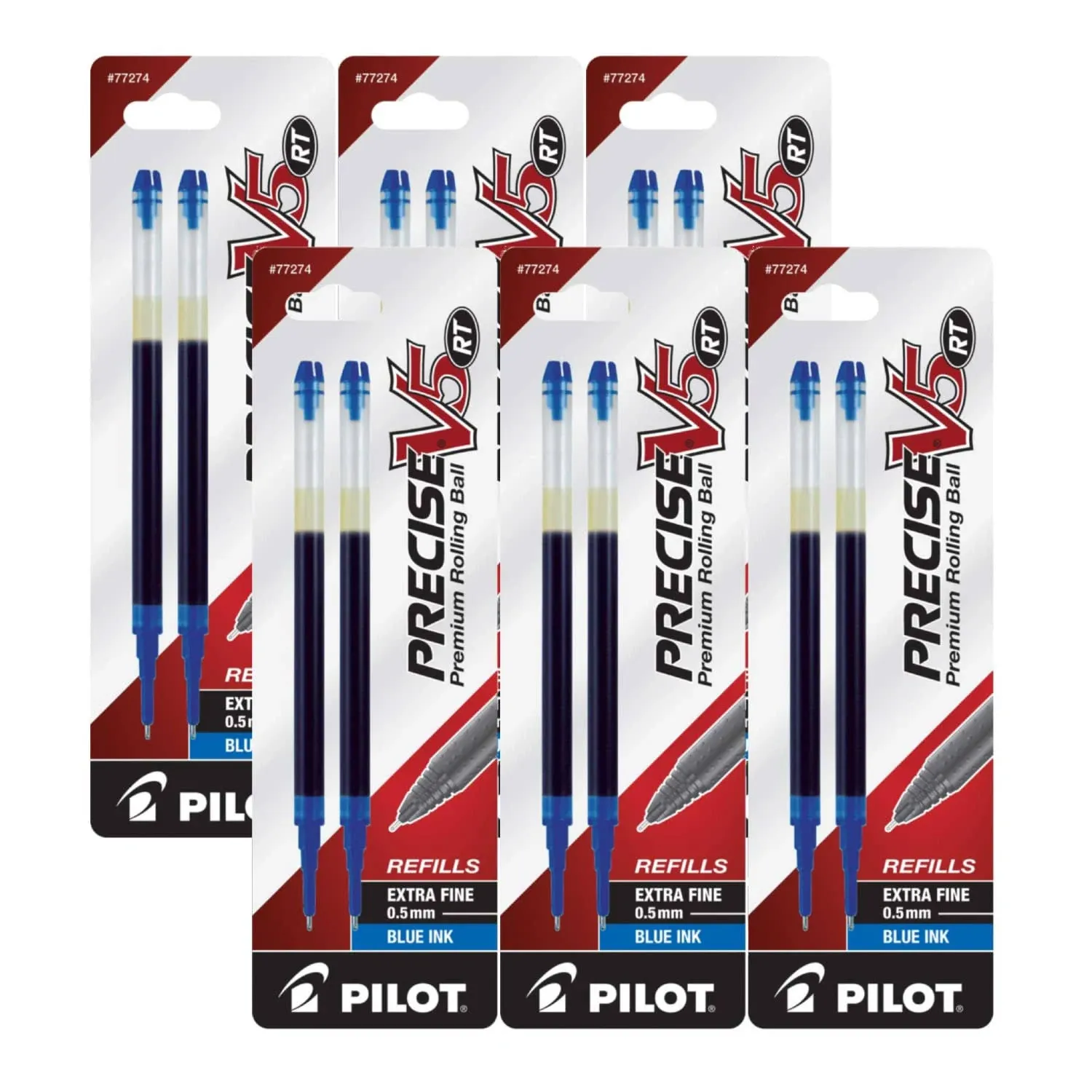 Pilot Precise V5 RT Liquid Ink Retractable Rollerball Pen Refills, 0.5mm, Extra Fine Point, Blue Ink, 6 Pack with 2 Refills Each