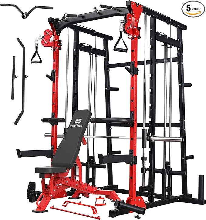 Major Fitness SML07 Machine All-in-One Home Gym Power Cage with Weight Bar and Two LAT Pull-Down Systems and Cable Crossover Machine, Exercise Attachment