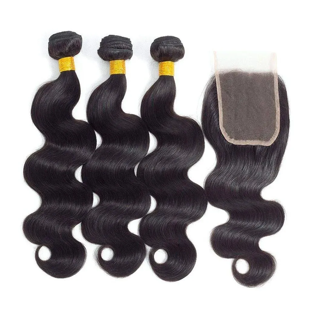 12A Brazilian Virgin Hair Body Wave 3 Bundles with Closure (12 14 16+10"Closure) Virgin Brazilian Remy Human Hair Bundles with Closure 100%