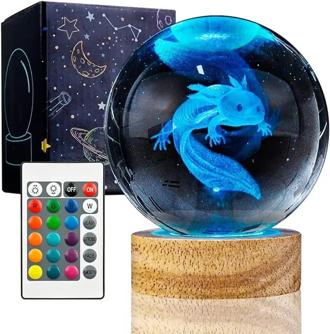  3D Axolotl Crystal Ball Night Light with 16 Color LED Wooden Base, Axolotl-a