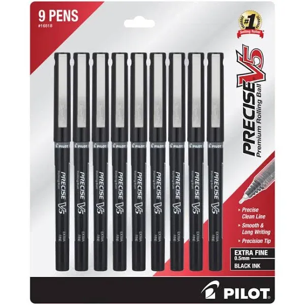 Pilot Precise V5 Stick Liquid Ink Rolling Ball Stick Pens, Extra Fine Point (0.5mm) Black Ink, 9-Pack