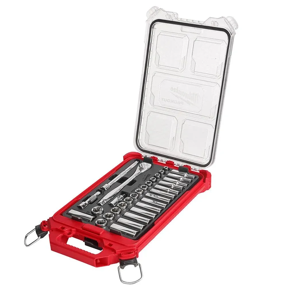 3/8" Drive 32 Piece Ratchet and Socket Set with Packout Low Profile Compact Organizer - Metric