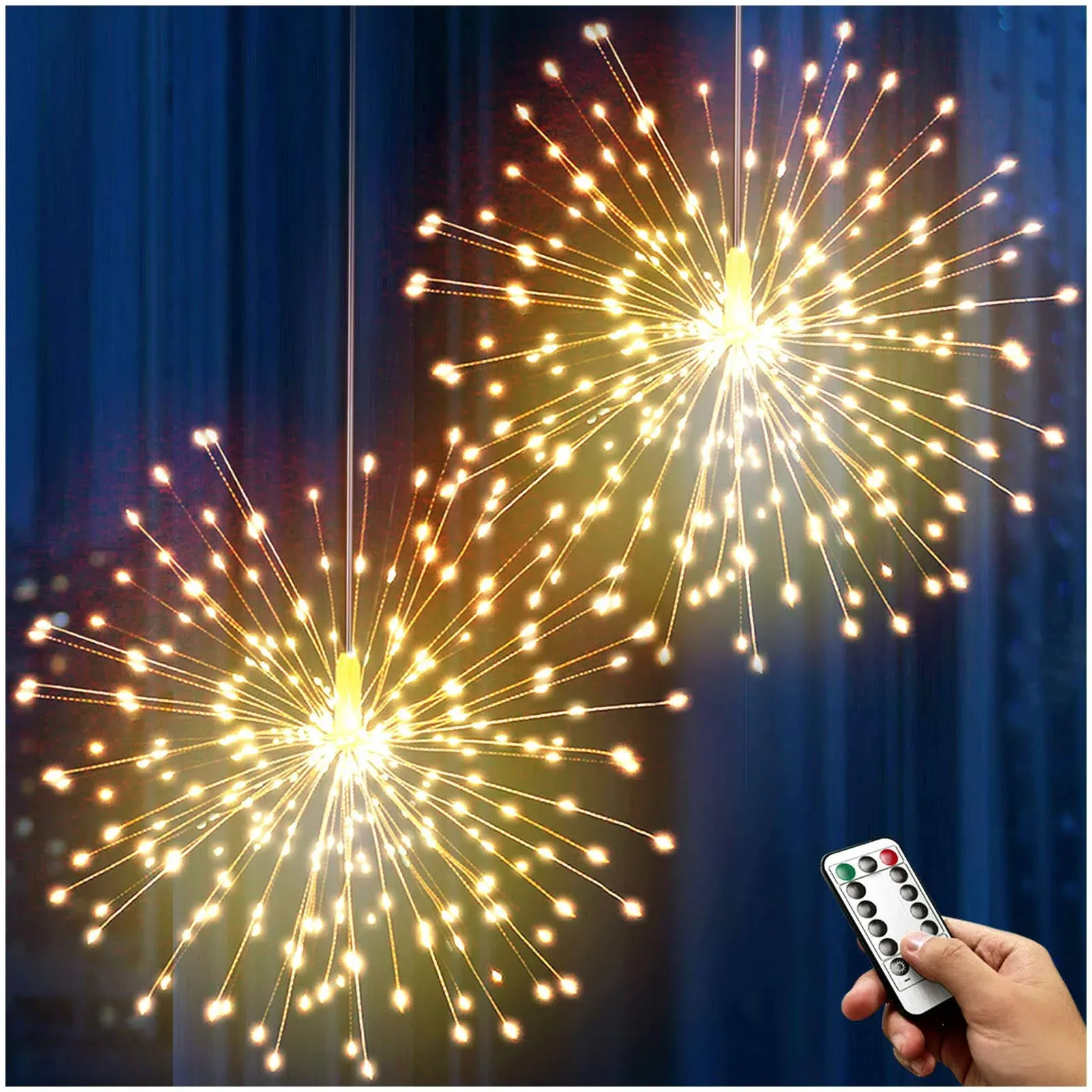 DenicMic Firework Lights 200 LED Copper Wire Starburst Light, 8 Modes Battery Operated Fairy Star Sphere Lights with Remote, Warm White Hanging