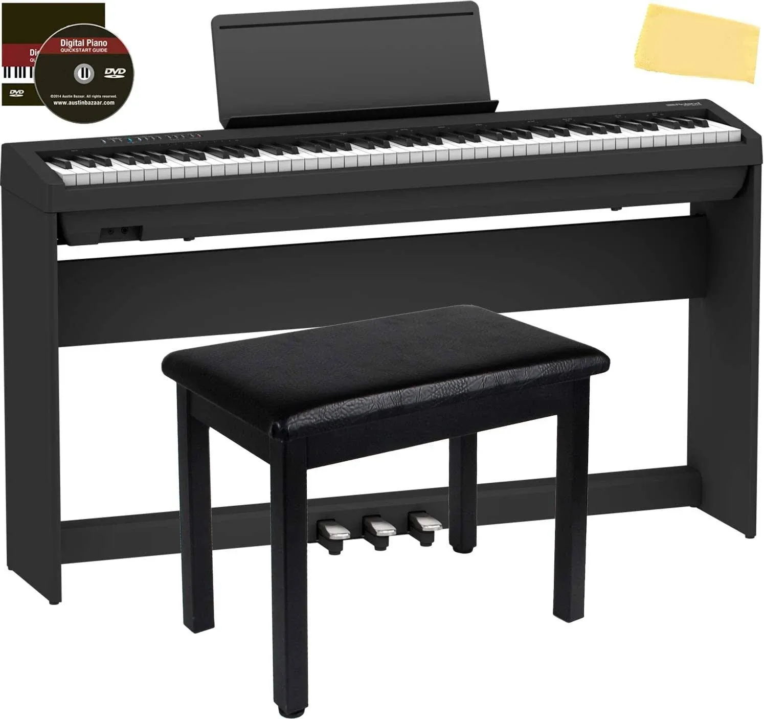 Roland FP-30X 88-Key Digital Piano - Black Bundle with Roland KSC-70 Stand, Roland KPD-70 Three Pedal Unit, Bench, Online Piano Lessons, Instructional DVD, and Austin Bazaar Polishing Cloth