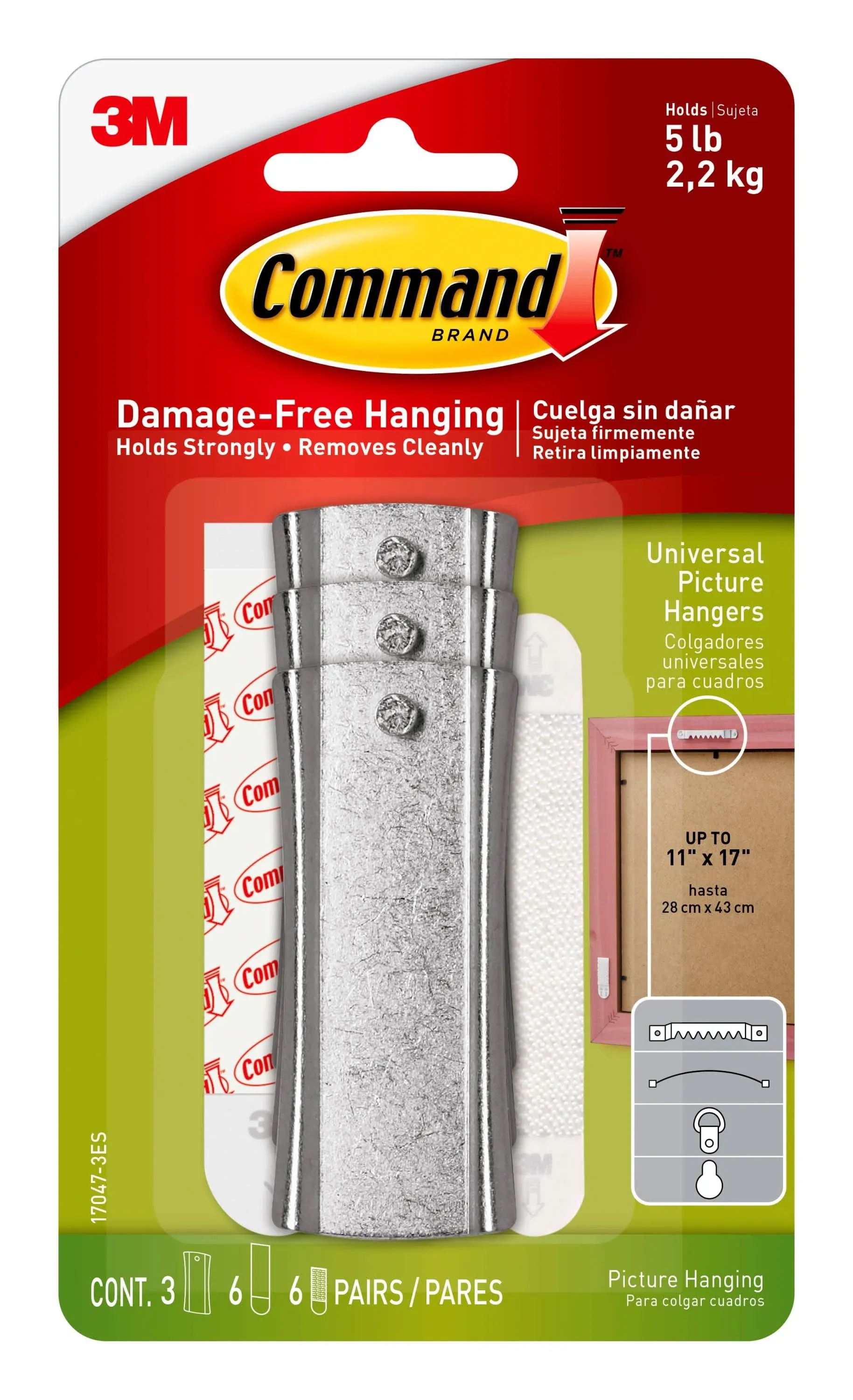 Command 5 lb. Large Metal Universal Picture Hangers (3 Hooks, 6 Large and 6 Mini Strips) 17047-3ES